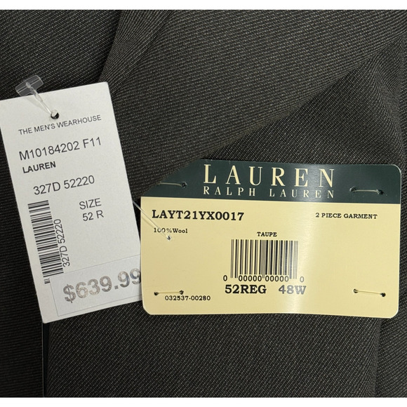 Lauren Ralph Lauren 2Pc Suit Mens Wool Taupe 52R Jacket 48 Unhemmed Pants NWT - Picture 10 of 11